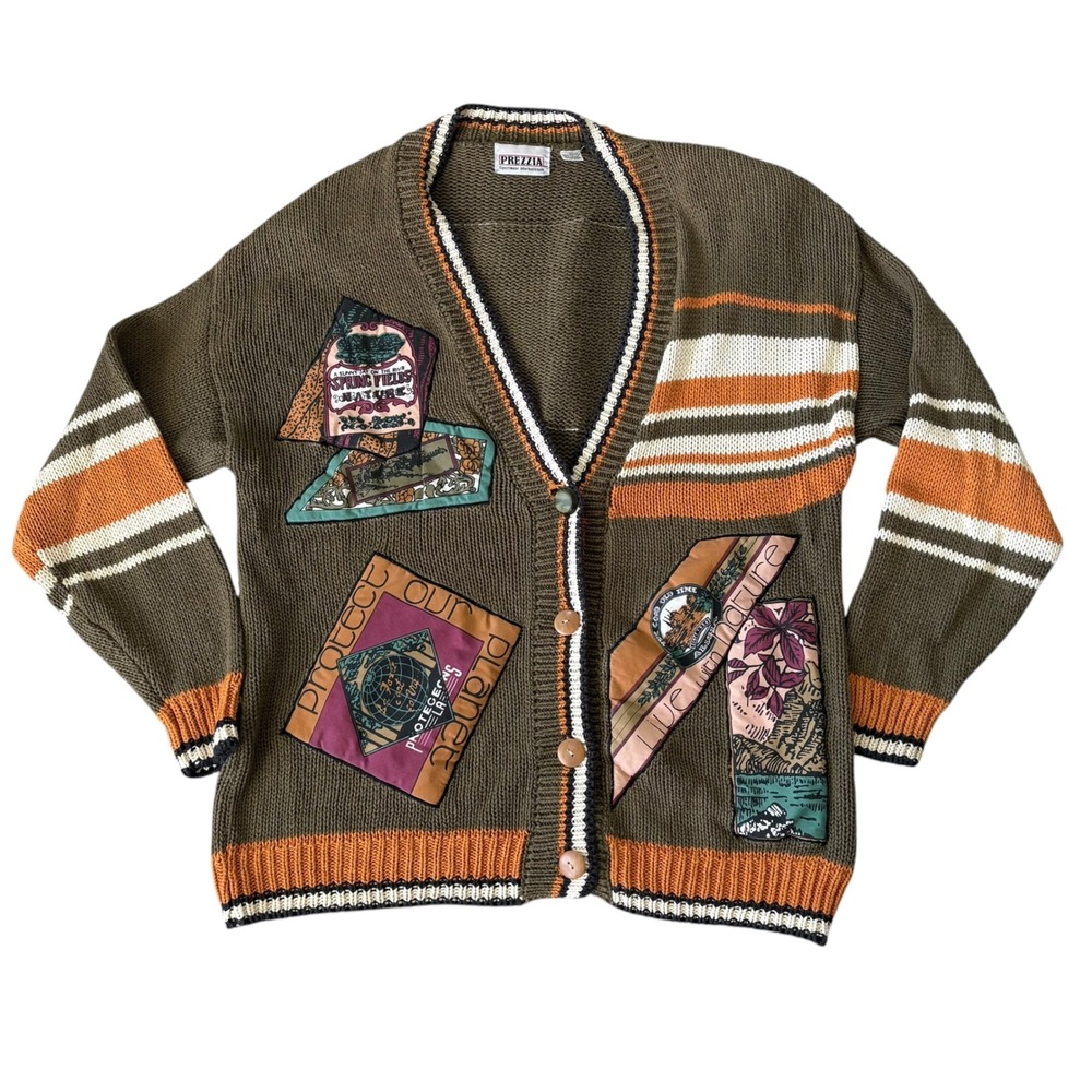 Vintage Prezzia Sportwear Nature Patch Cardigan Sweater Olive Green L Earthy